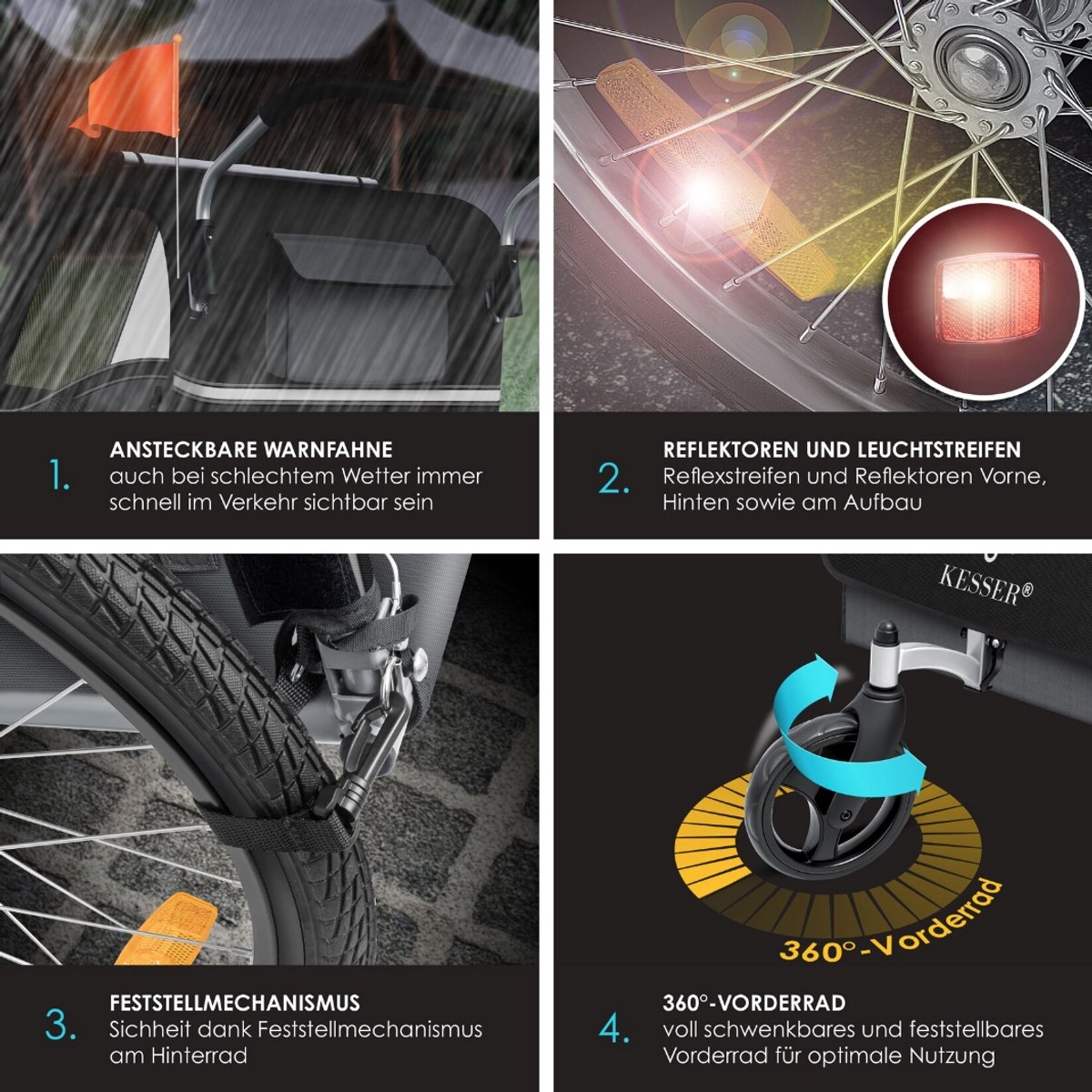 Kinderfietskar fietsaanhanger voor kinderen - hardloopbuggy - Sport-RX - 2 in 1 met joggerfunctie - 5-puntsveiligheidsgordel - 360° voorwiel - voor 1 tot 2 kinderen max. 40 kg - antraciet - Afbeelding 3