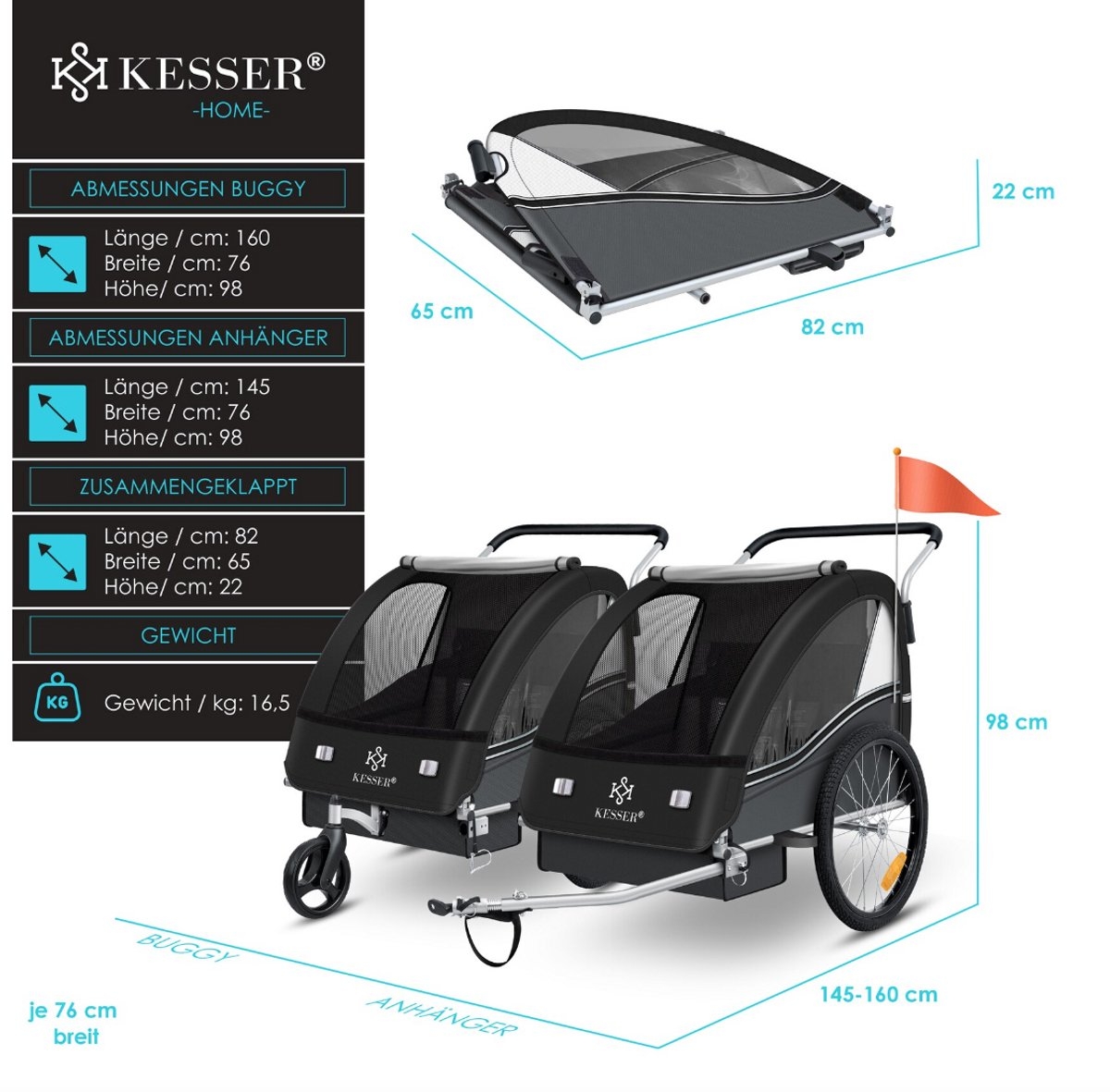 Kinderfietskar fietsaanhanger voor kinderen - hardloopbuggy - Sport-RX - 2 in 1 met joggerfunctie - 5-puntsveiligheidsgordel - 360° voorwiel - voor 1 tot 2 kinderen max. 40 kg - antraciet - Afbeelding 4