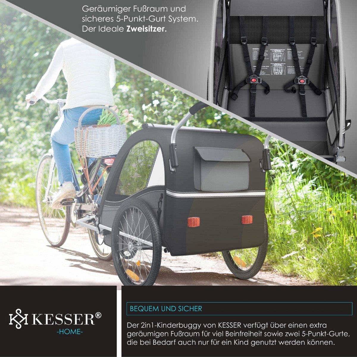 Kinderfietskar fietsaanhanger voor kinderen - hardloopbuggy - Sport-RX - 2 in 1 met joggerfunctie - 5-puntsveiligheidsgordel - 360° voorwiel - voor 1 tot 2 kinderen max. 40 kg - antraciet - Afbeelding 5