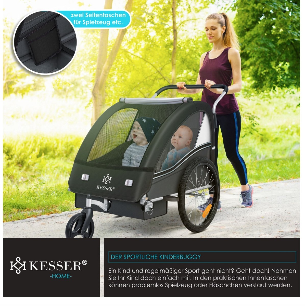 Kinderfietskar fietsaanhanger voor kinderen - hardloopbuggy - Sport-RX - 2 in 1 met joggerfunctie - 5-puntsveiligheidsgordel - 360° voorwiel - voor 1 tot 2 kinderen max. 40 kg - antraciet - Afbeelding 6