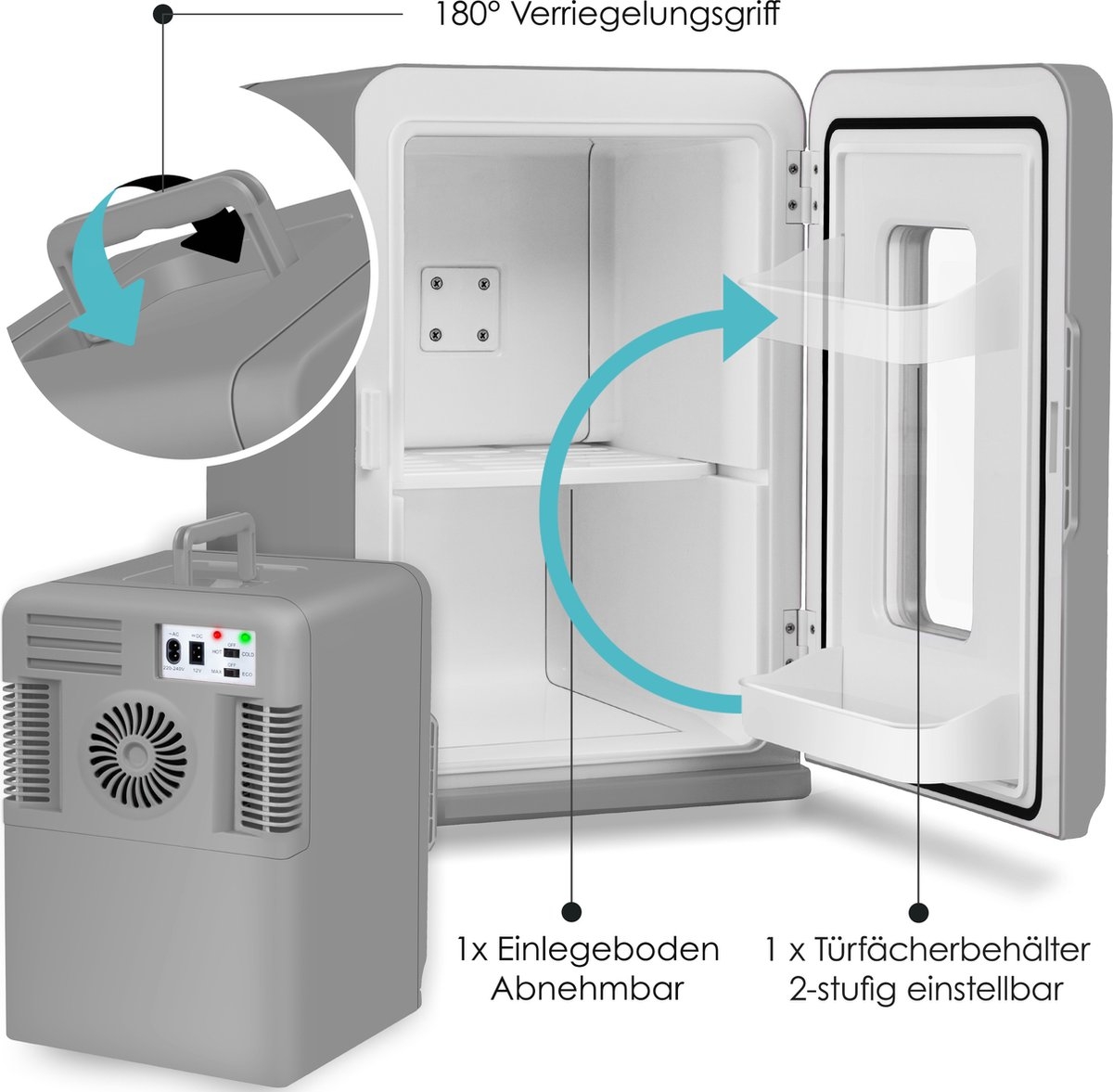 Minikoelkast - koelkast - 15 Liter - AC DC 220-240V en 12V - vrijstaande reiskoelkast - donkergrijs / antraciet - Afbeelding 9