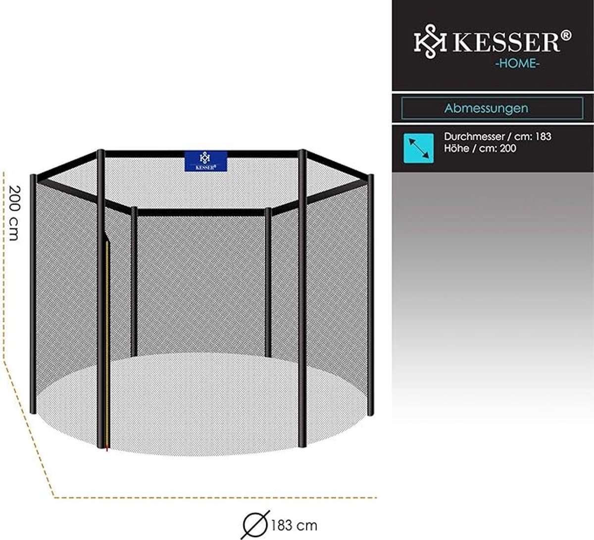 Trampoline - veiligheidsnet / vervangingsnet - diameter 366 cm - 6 stangen - UV-bestendig - toegangsdeur met ritssluiting - Afbeelding 6