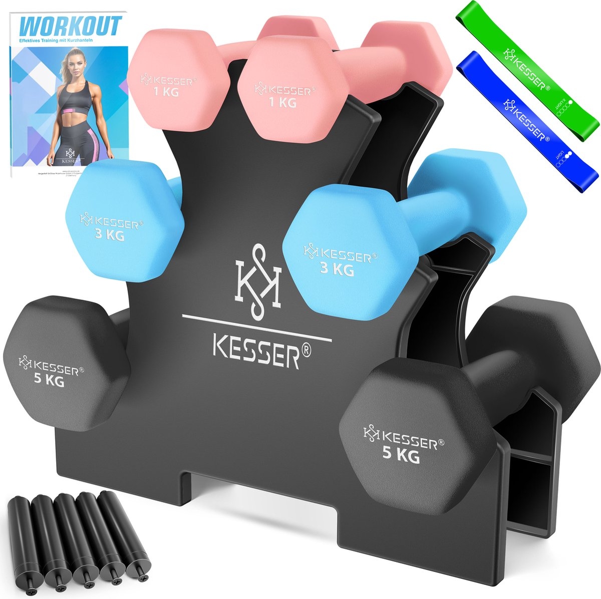 Dumbell Set - 18 kg totaal - 2x5 kg 2x3kg 2x1kg - met standaard - voorzien van antislip grip