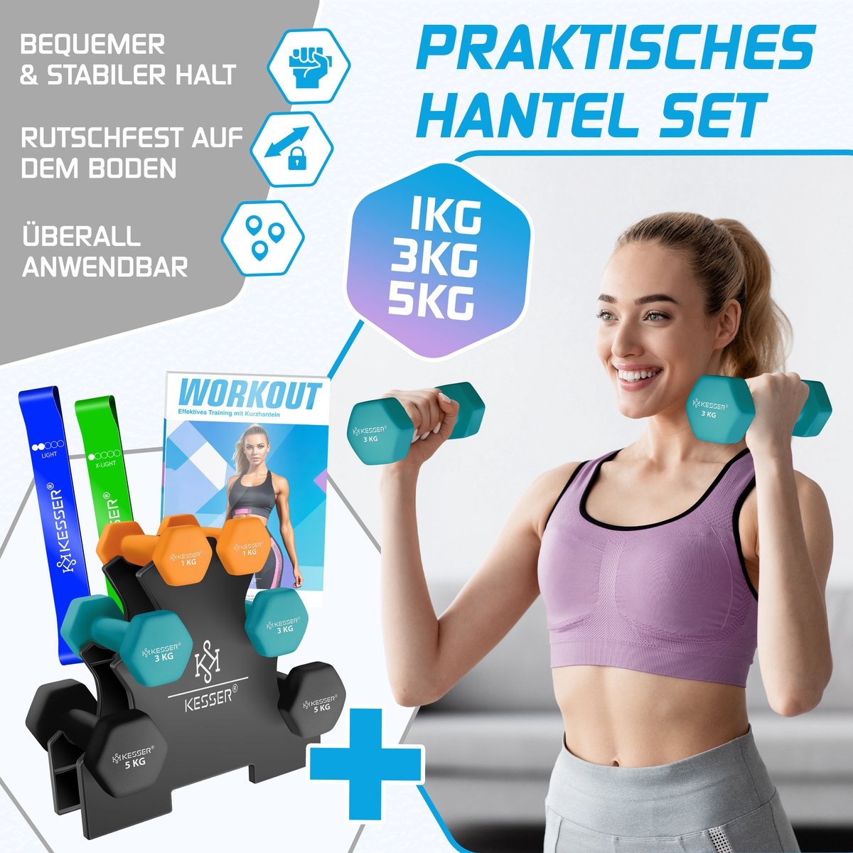 Dumbell Set - 18 kg totaal - 2x5 kg 2x3kg 2x1kg - met standaard - voorzien van antislip grip - Afbeelding 3