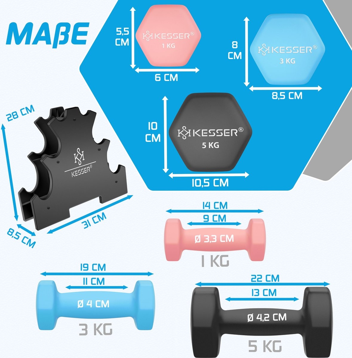 Dumbell Set - 18 kg totaal - 2x5 kg 2x3kg 2x1kg - met standaard - voorzien van antislip grip - Afbeelding 7