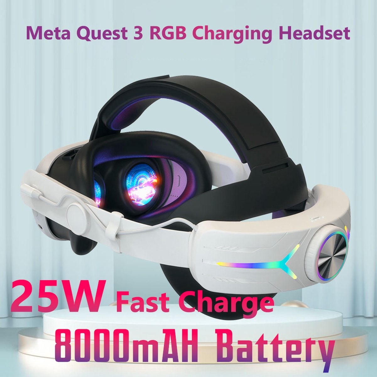 Elite Strap met VR Cover - geschikt voor meta Quest 3 - Vervanging voor Elite Strap Meta Quest 3 - RGB Verstelbare Comfortabele Riem - 8000mAH batterij - met Hoofdkussen - wit - Afbeelding 6