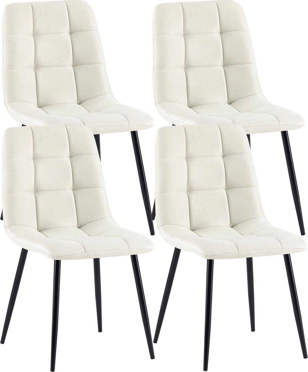 4x eetkamerstoelen - gebroken wit - Set van 4 - Stof met metaal - met vierkant motief