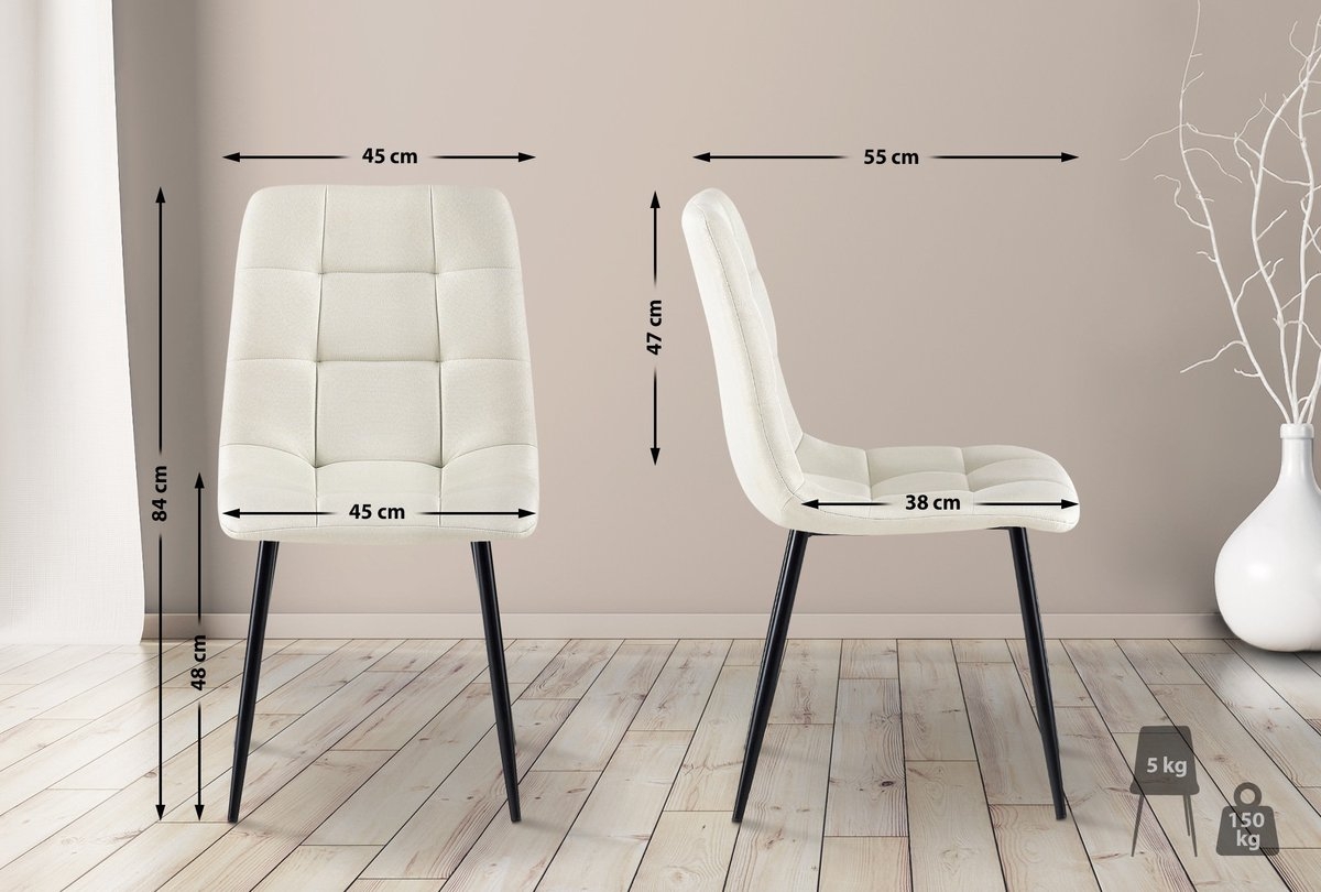 4x eetkamerstoelen - gebroken wit - Set van 4 - Stof met metaal - met vierkant motief - Afbeelding 9