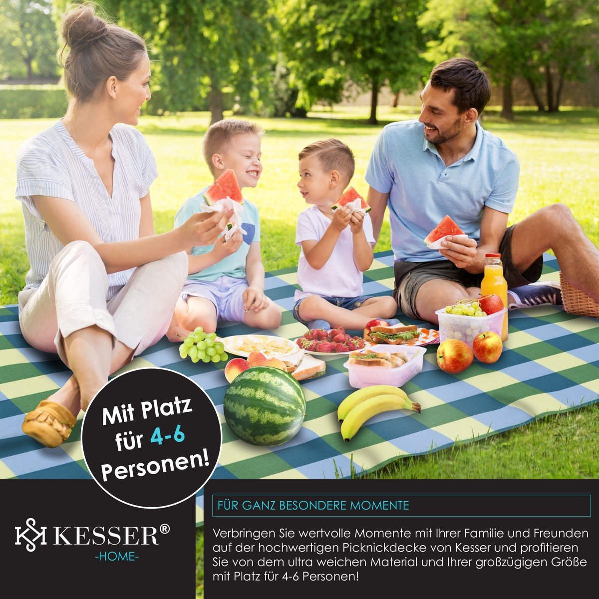 Picknickkleed waterdicht 200x200 cm - geïsoleerd buitenkleed voor 4-6 Personen - wasbaar - blauw / groen - Afbeelding 2