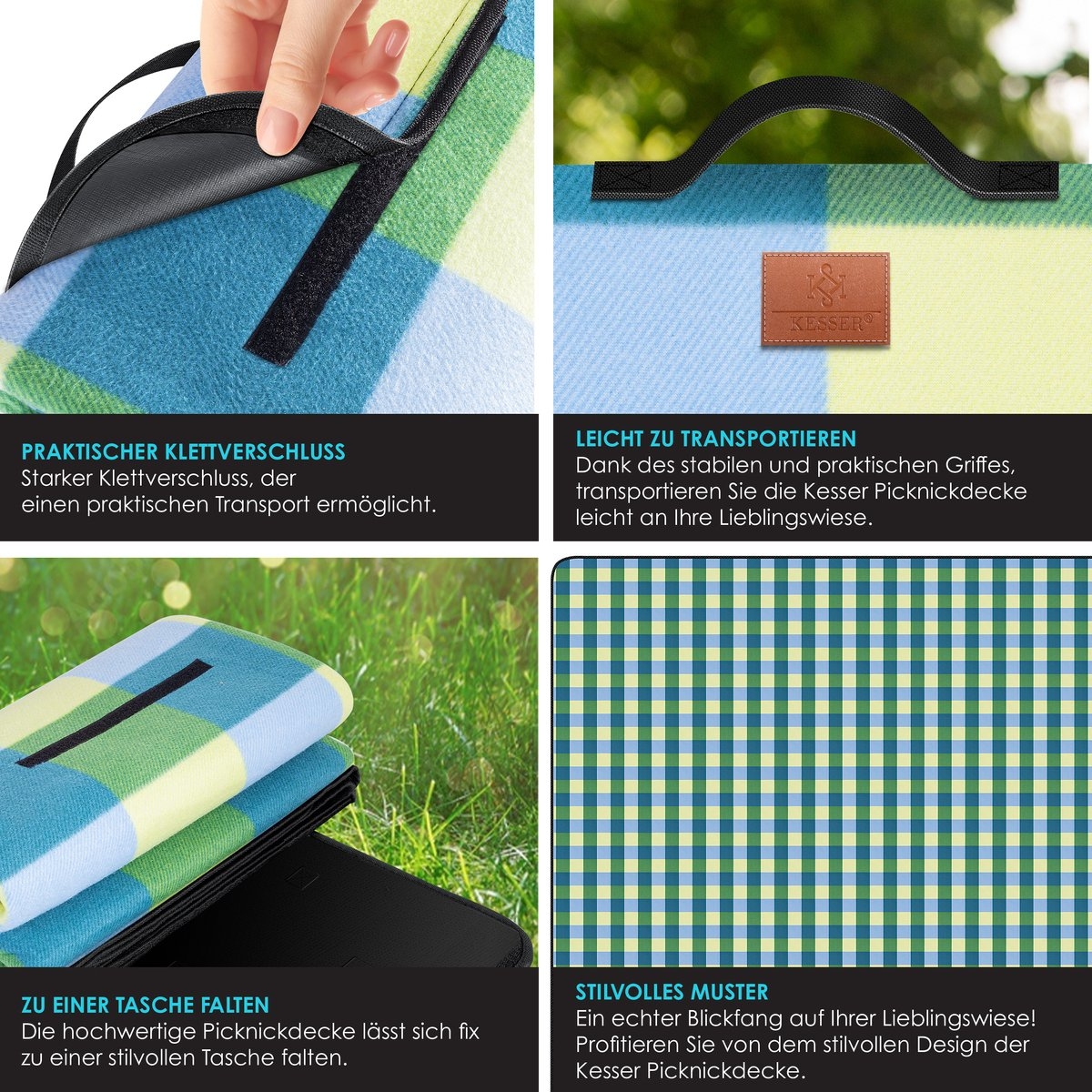 Picknickkleed waterdicht 200x200 cm - geïsoleerd buitenkleed voor 4-6 Personen - wasbaar - blauw / groen - Afbeelding 4