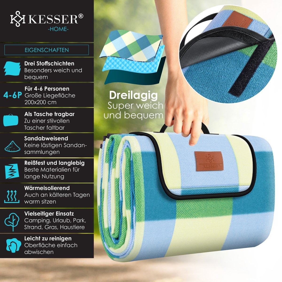 Picknickkleed waterdicht 200x200 cm - geïsoleerd buitenkleed voor 4-6 Personen - wasbaar - blauw / groen - Afbeelding 5