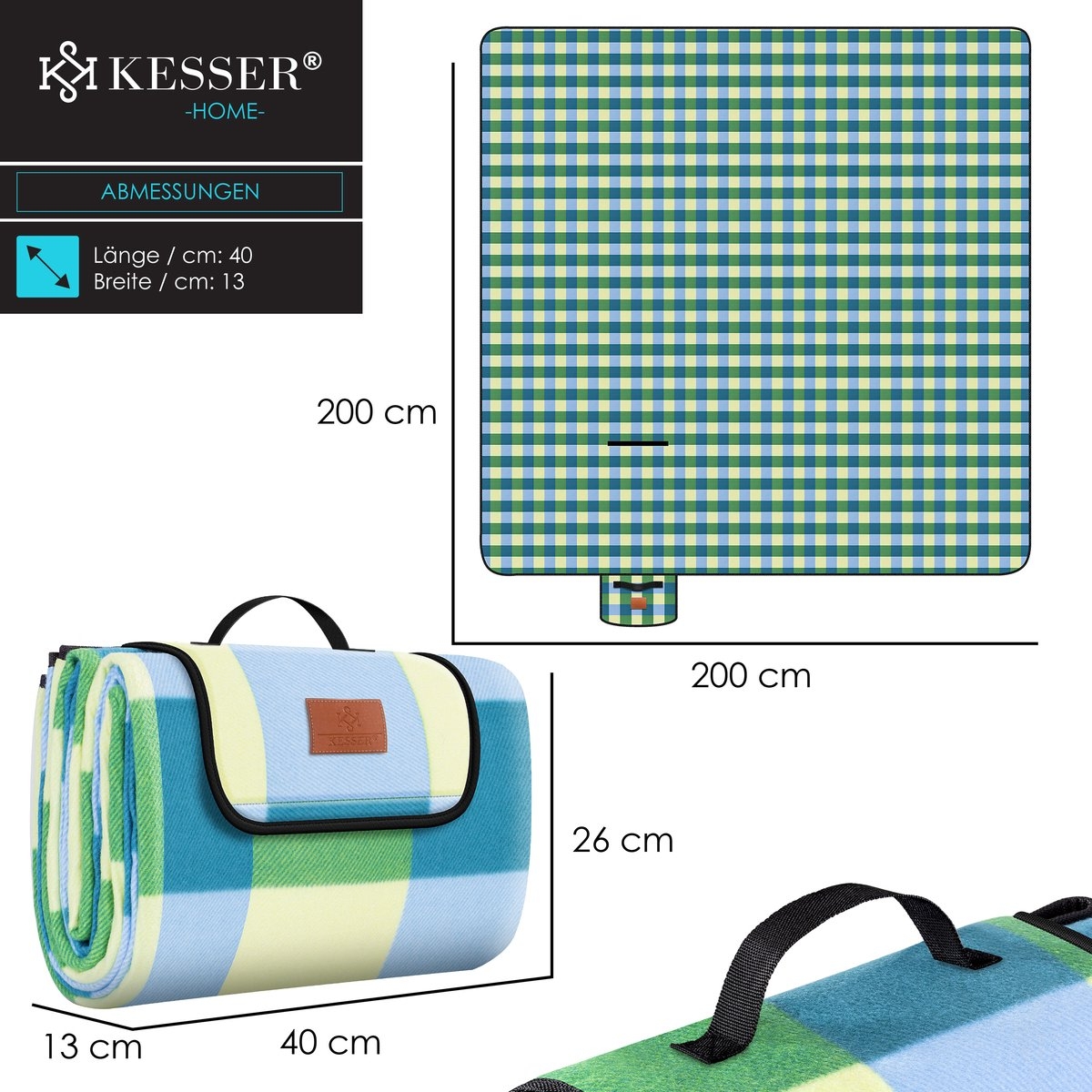 Picknickkleed waterdicht 200x200 cm - geïsoleerd buitenkleed voor 4-6 Personen - wasbaar - blauw / groen - Afbeelding 6