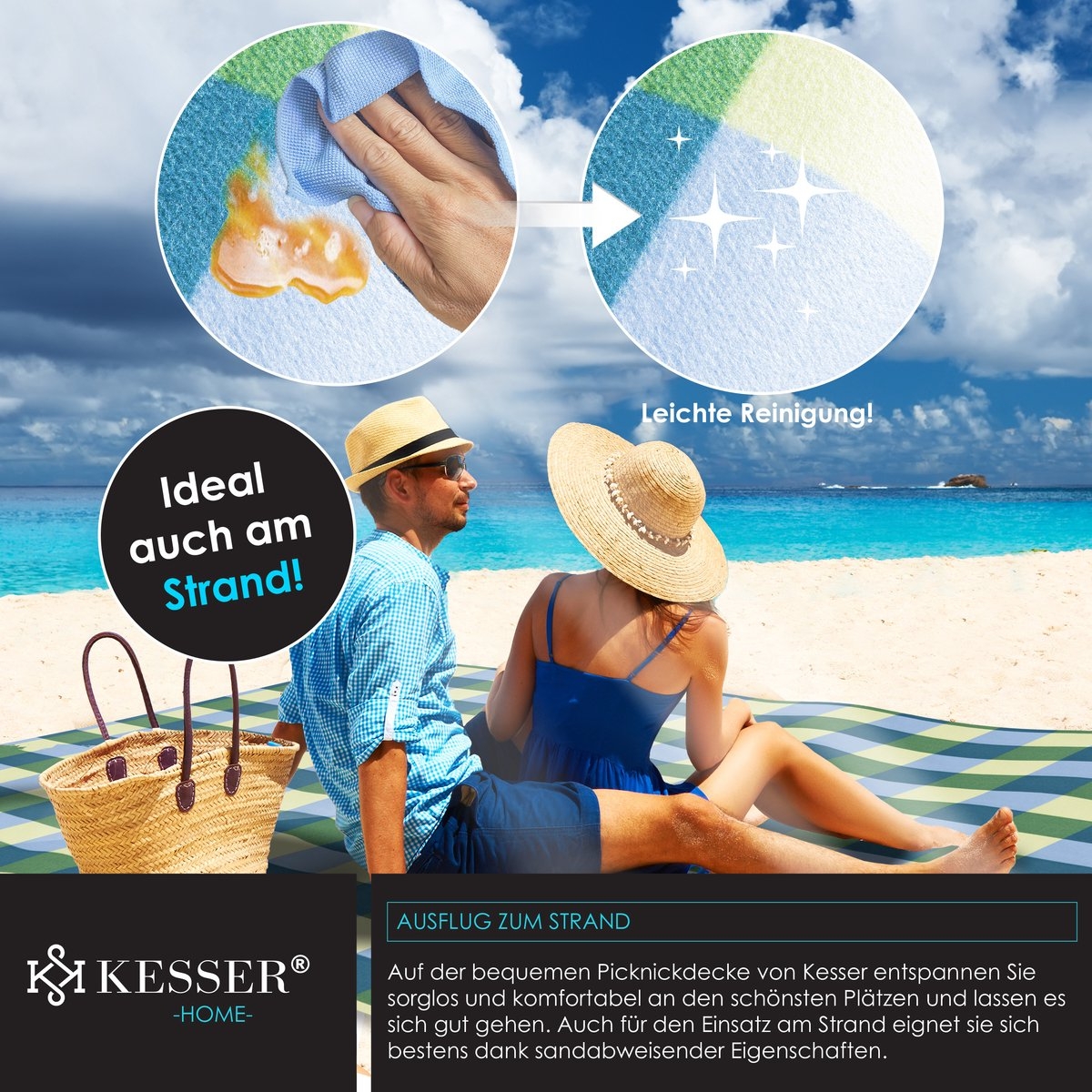 Picknickkleed waterdicht 200x200 cm - geïsoleerd buitenkleed voor 4-6 Personen - wasbaar - blauw / groen - Afbeelding 7