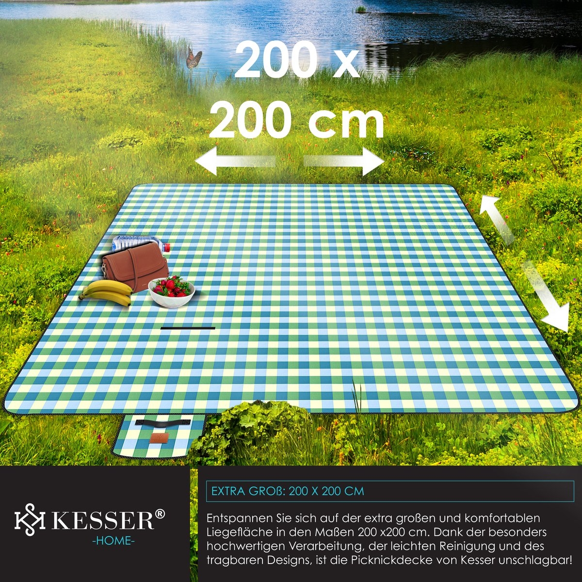 Picknickkleed waterdicht 200x200 cm - geïsoleerd buitenkleed voor 4-6 Personen - wasbaar - blauw / groen - Afbeelding 8