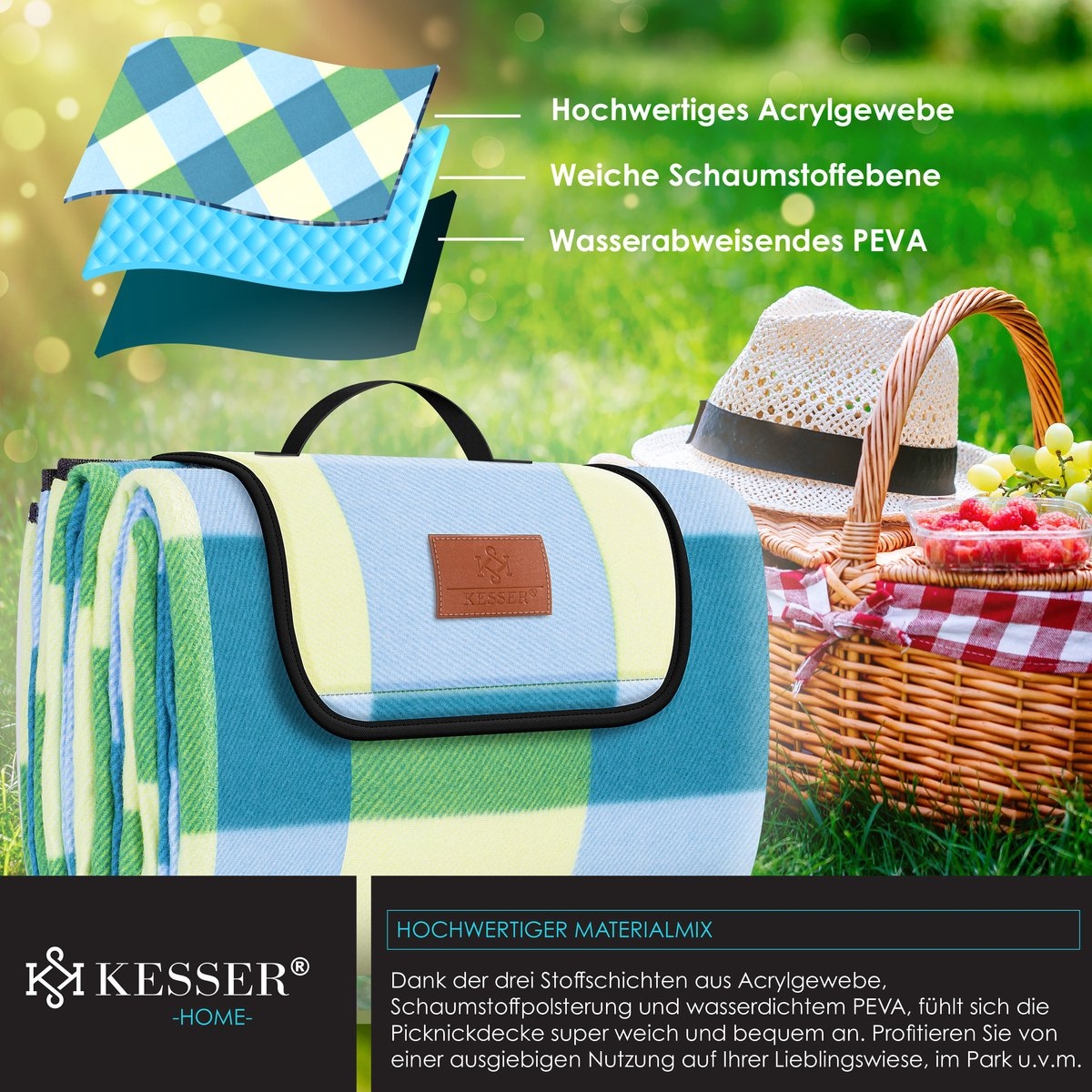 Picknickkleed waterdicht 200x200 cm - geïsoleerd buitenkleed voor 4-6 Personen - wasbaar - blauw / groen - Afbeelding 9