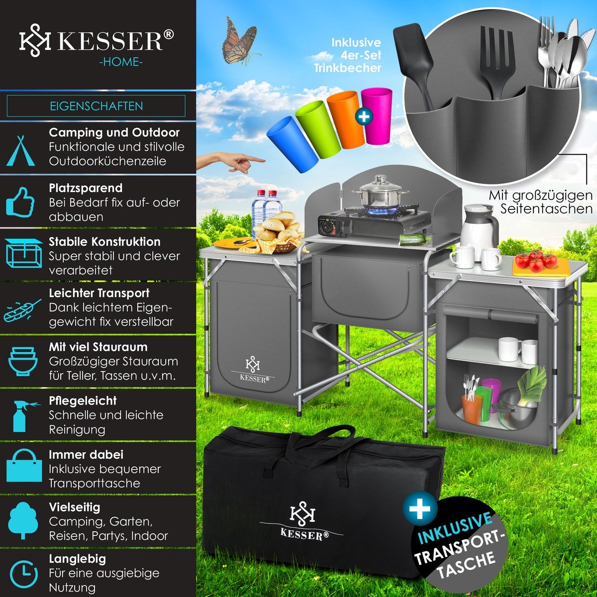 Campingkeuken opvouwbaar - Campingkast inclusief Opbergtas - kampeerkast camping keuken - grijs - Afbeelding 2