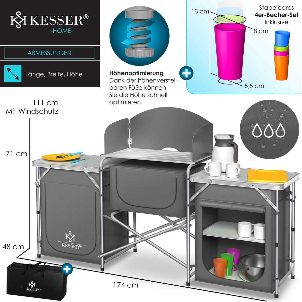 Campingkeuken opvouwbaar - Campingkast inclusief Opbergtas - kampeerkast camping keuken - grijs - Afbeelding 5