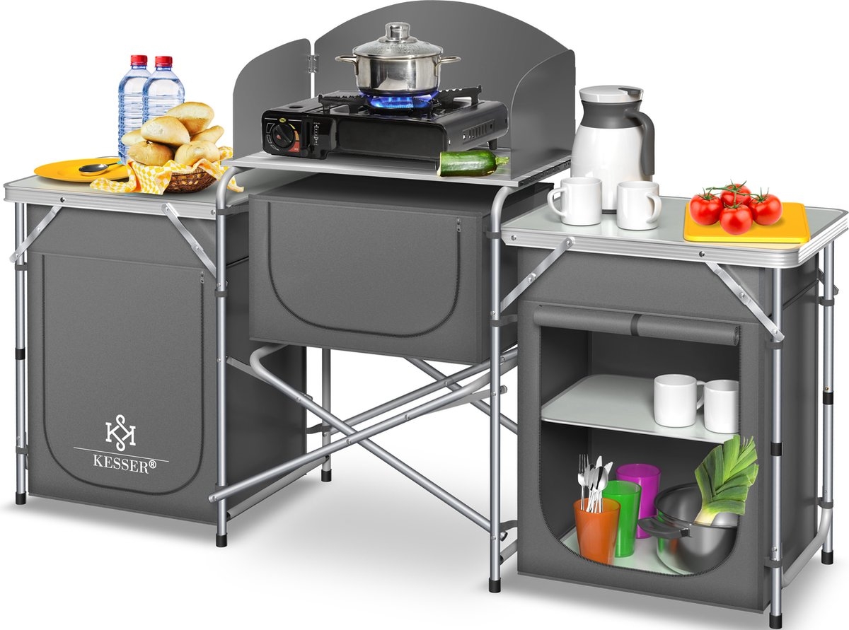Campingkeuken opvouwbaar - Campingkast inclusief Opbergtas - kampeerkast camping keuken - grijs - Afbeelding 6
