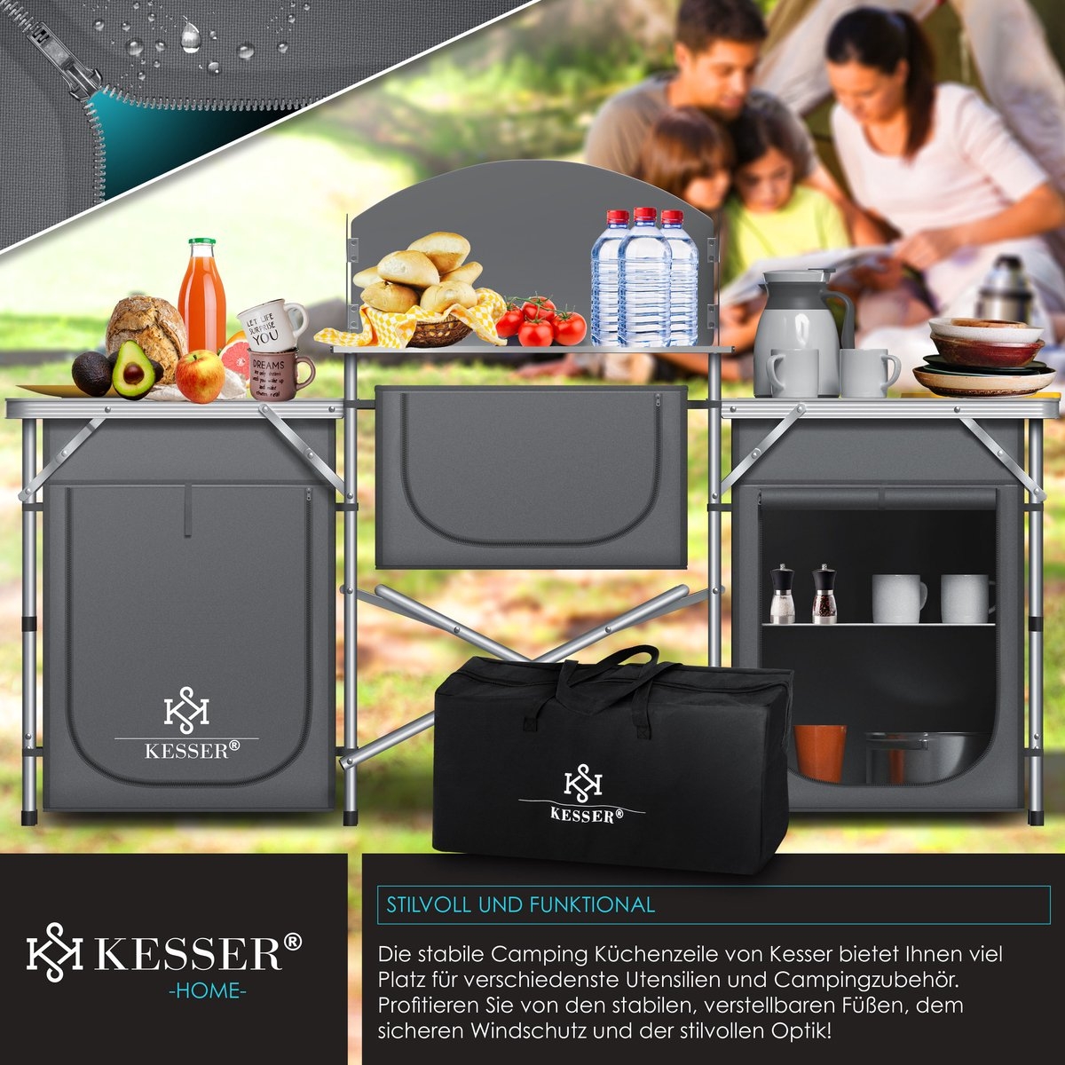 Campingkeuken opvouwbaar - Campingkast inclusief Opbergtas - kampeerkast camping keuken - grijs - Afbeelding 7
