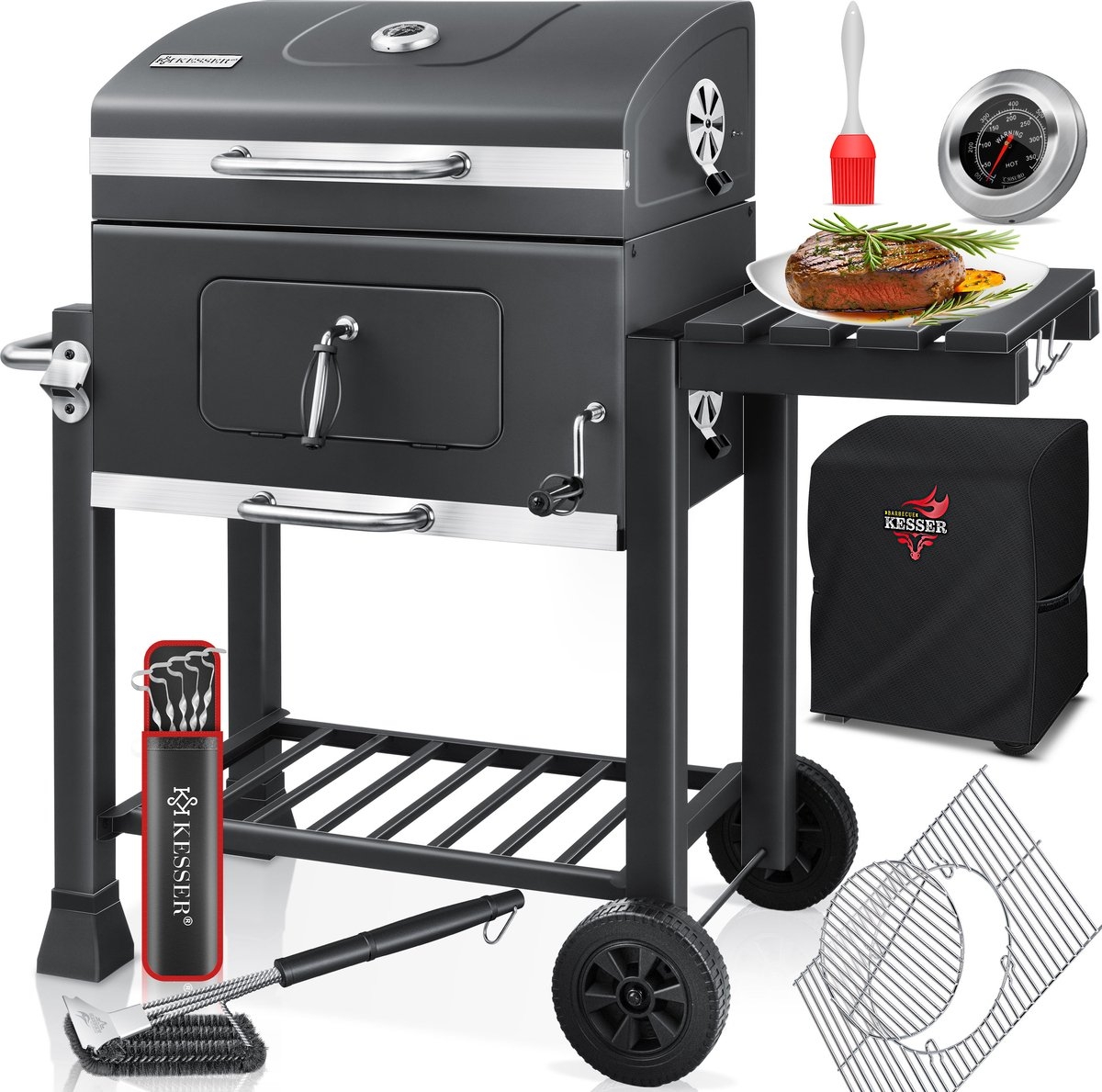 Houtskoolbarbecue XL - Barbeque / bbq - met wielen, deksel, RVS handvat, rooster thermometer - met accessoires
