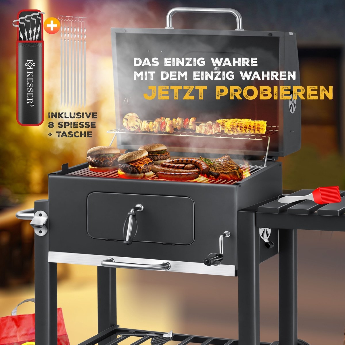 Houtskoolbarbecue XL - Barbeque / bbq - met wielen, deksel, RVS handvat, rooster thermometer - met accessoires - Afbeelding 4