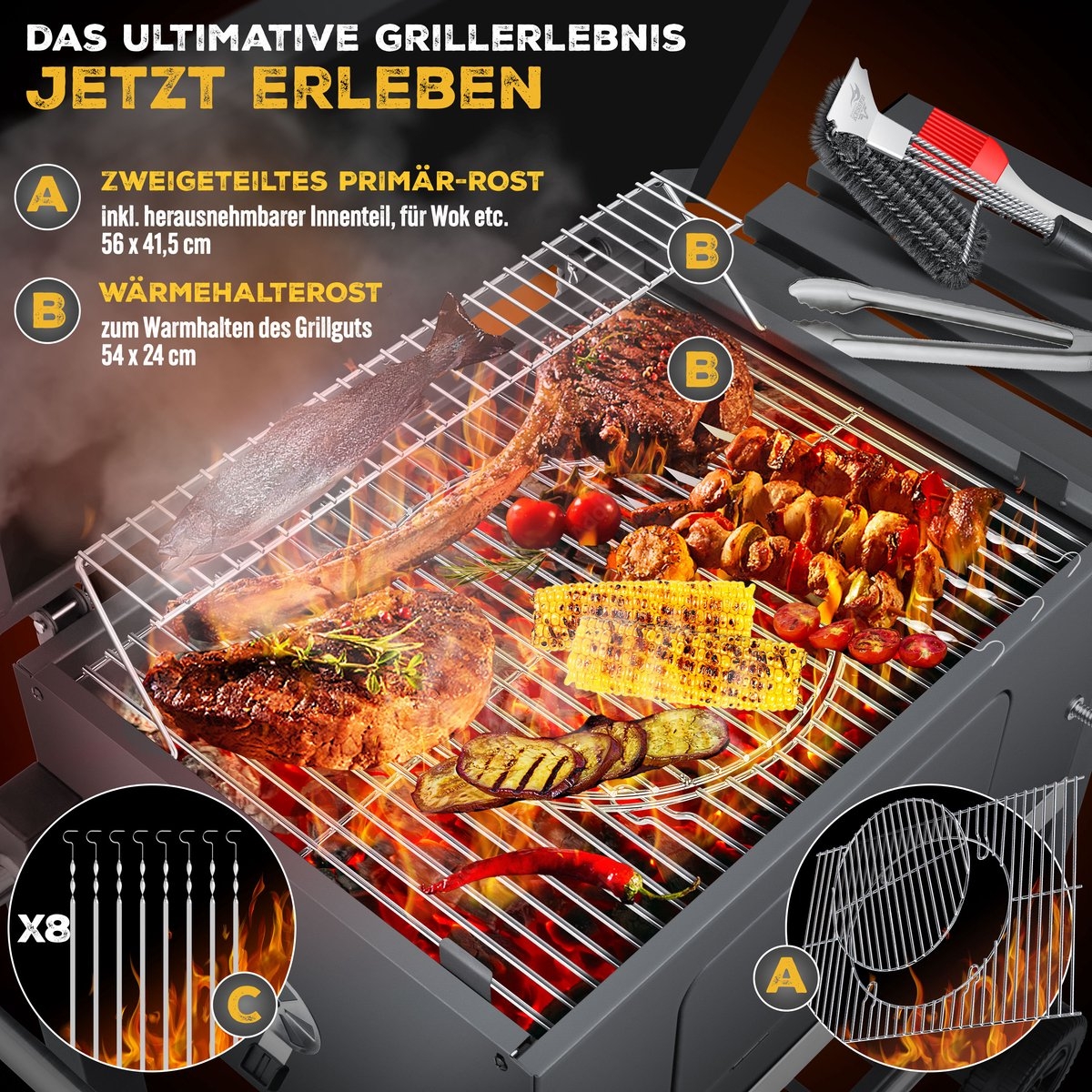 Houtskoolbarbecue XL - Barbeque / bbq - met wielen, deksel, RVS handvat, rooster thermometer - met accessoires - Afbeelding 5