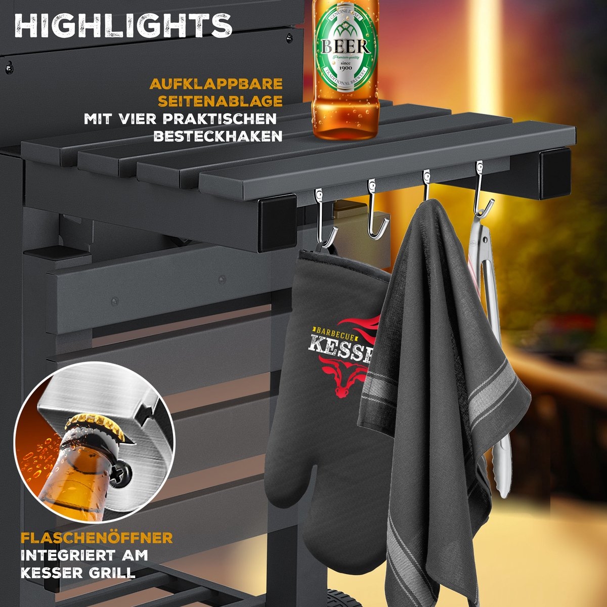 Houtskoolbarbecue XL - Barbeque / bbq - met wielen, deksel, RVS handvat, rooster thermometer - met accessoires - Afbeelding 6