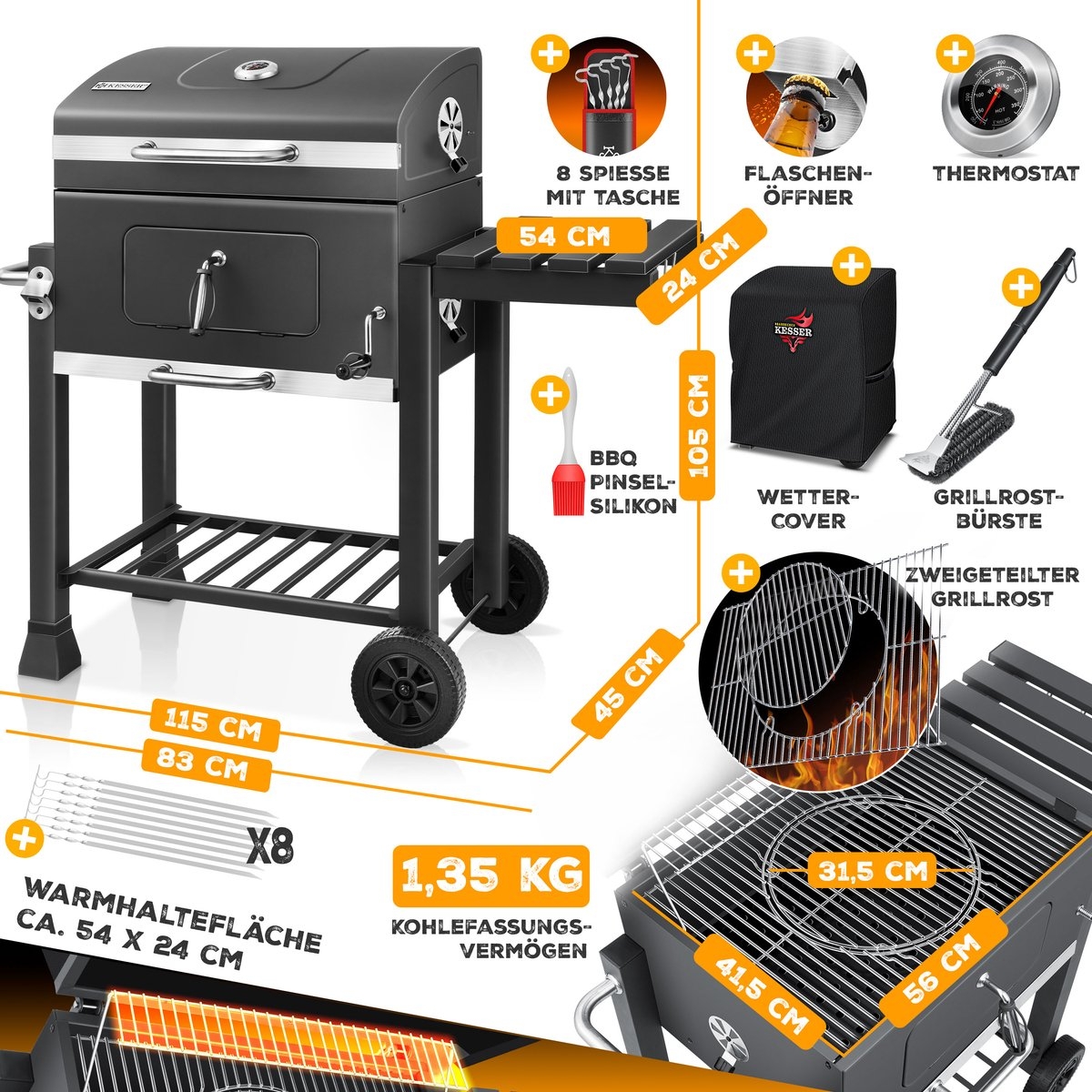 Houtskoolbarbecue XL - Barbeque / bbq - met wielen, deksel, RVS handvat, rooster thermometer - met accessoires - Afbeelding 8
