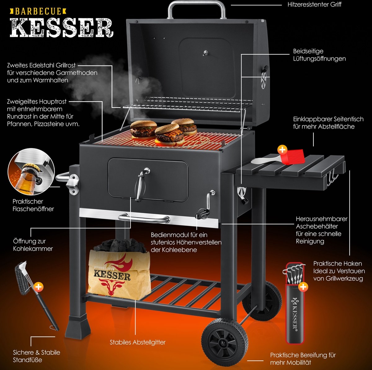 Houtskoolbarbecue XL - Barbeque / bbq - met wielen, deksel, RVS handvat, rooster thermometer - met accessoires - Afbeelding 12