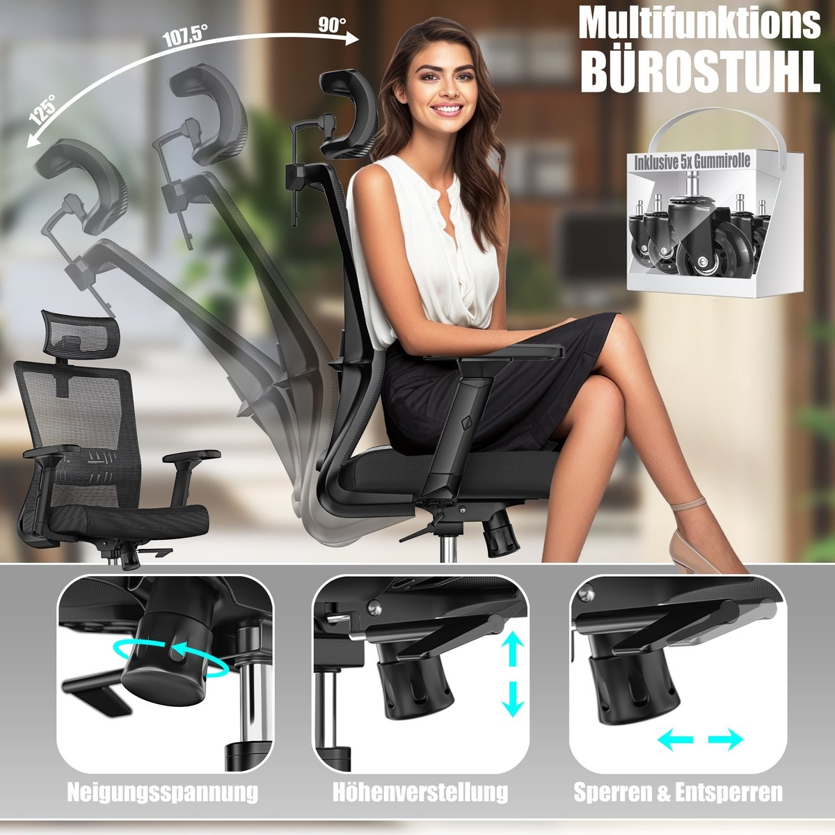 Bureaustoel - verstelbare rugleuning en hoogte - met hoofdsteun en Lendensteun - 5 wielen - zwart - Afbeelding 2