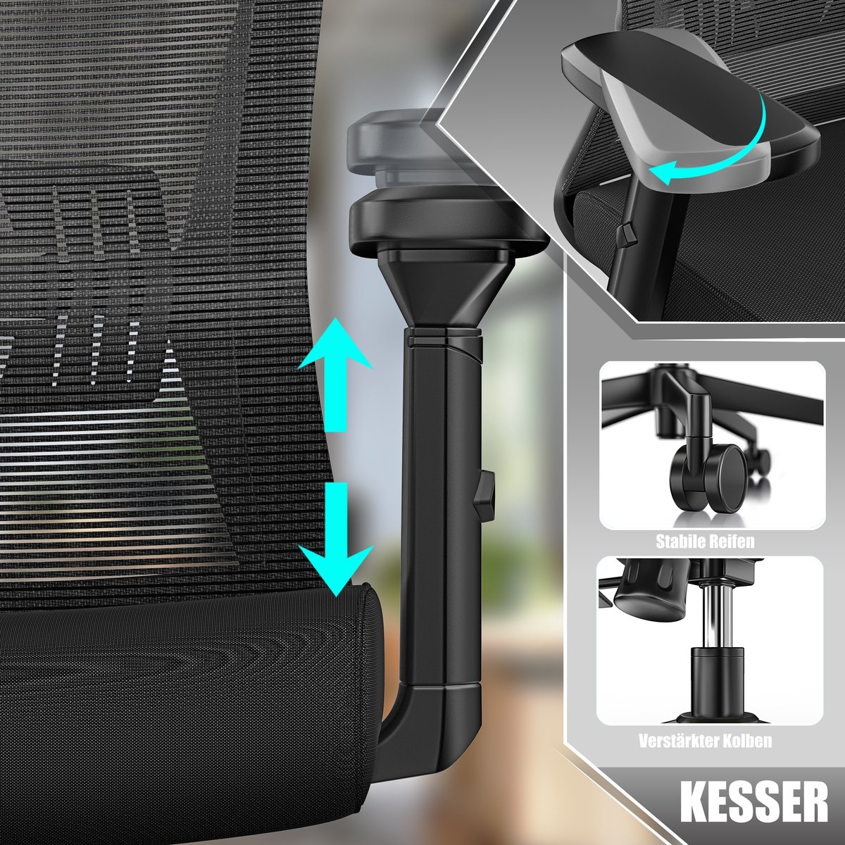 Bureaustoel - verstelbare rugleuning en hoogte - met hoofdsteun en Lendensteun - 5 wielen - zwart - Afbeelding 4