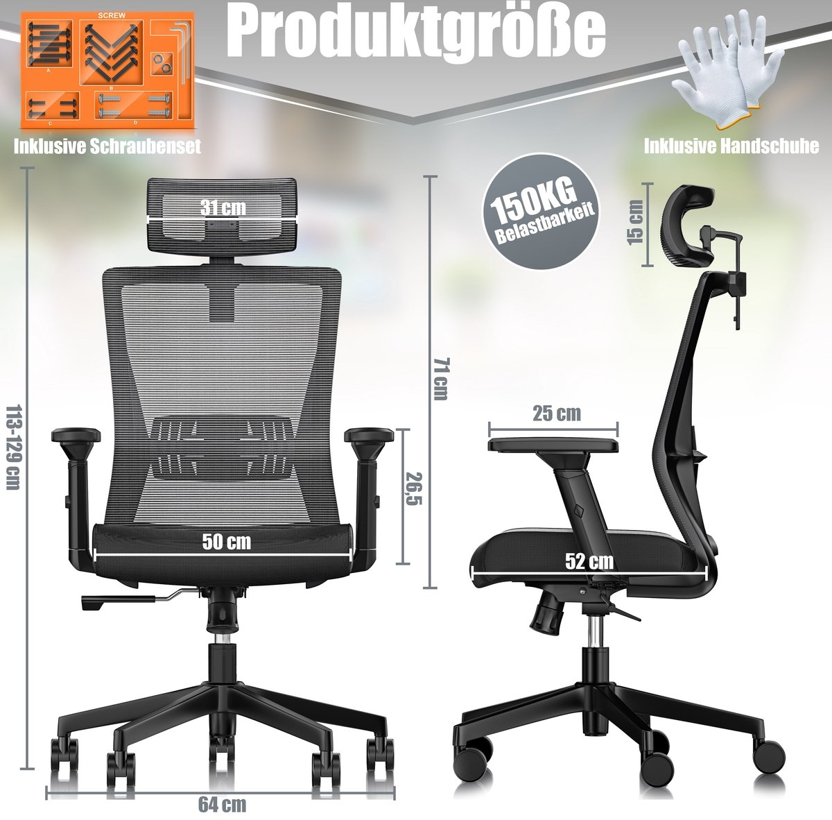 Bureaustoel - verstelbare rugleuning en hoogte - met hoofdsteun en Lendensteun - 5 wielen - zwart - Afbeelding 5