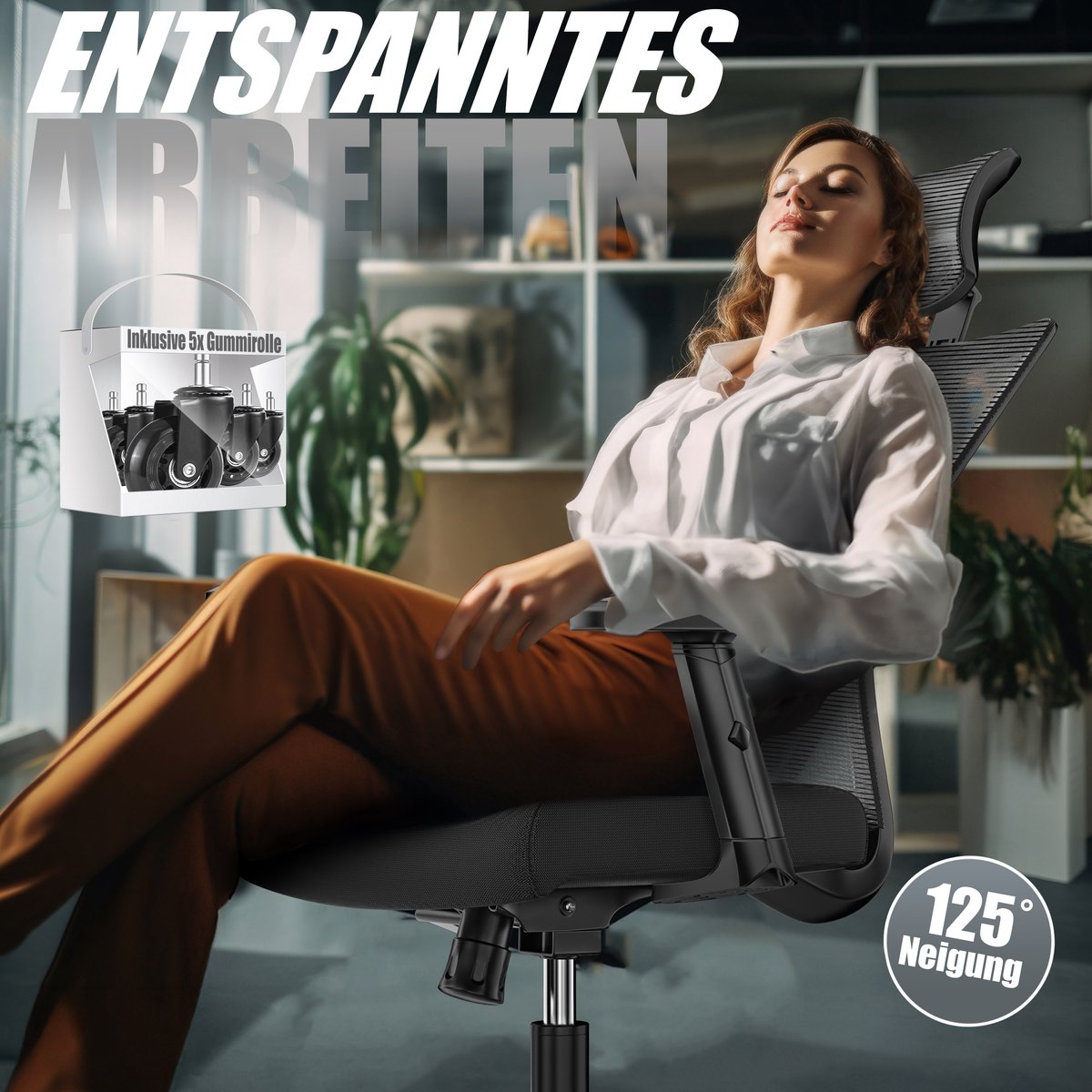 Bureaustoel - verstelbare rugleuning en hoogte - met hoofdsteun en Lendensteun - 5 wielen - zwart - Afbeelding 6