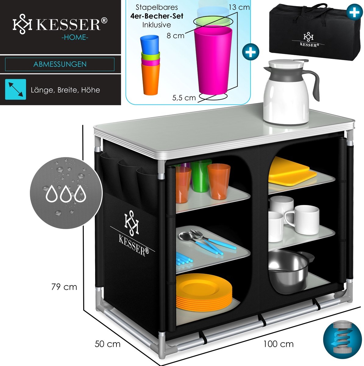 Campingkeuken opvouwbaar - campingkast inclusief opbergtas - kampeerkeuken - zwart - Afbeelding 2