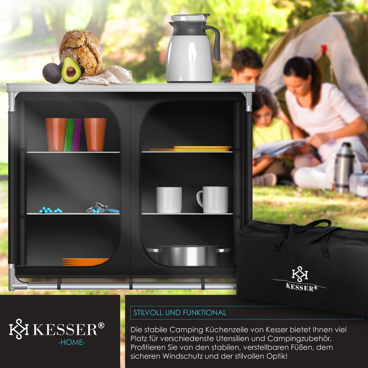 Campingkeuken opvouwbaar - campingkast inclusief opbergtas - kampeerkeuken - zwart - Afbeelding 4