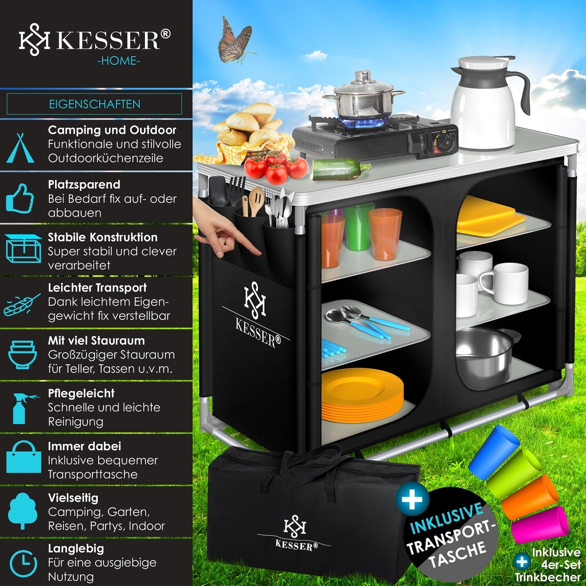 Campingkeuken opvouwbaar - campingkast inclusief opbergtas - kampeerkeuken - zwart - Afbeelding 5