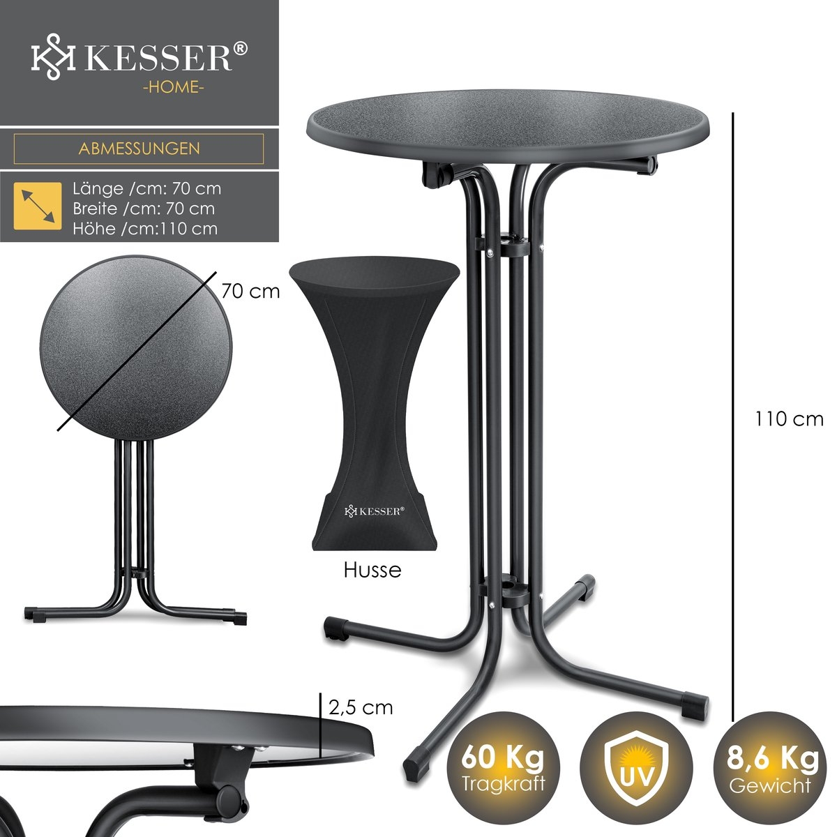 Statafel rond diameter 60 cm - weerbestendig - hittebestendig - zwart - Afbeelding 8