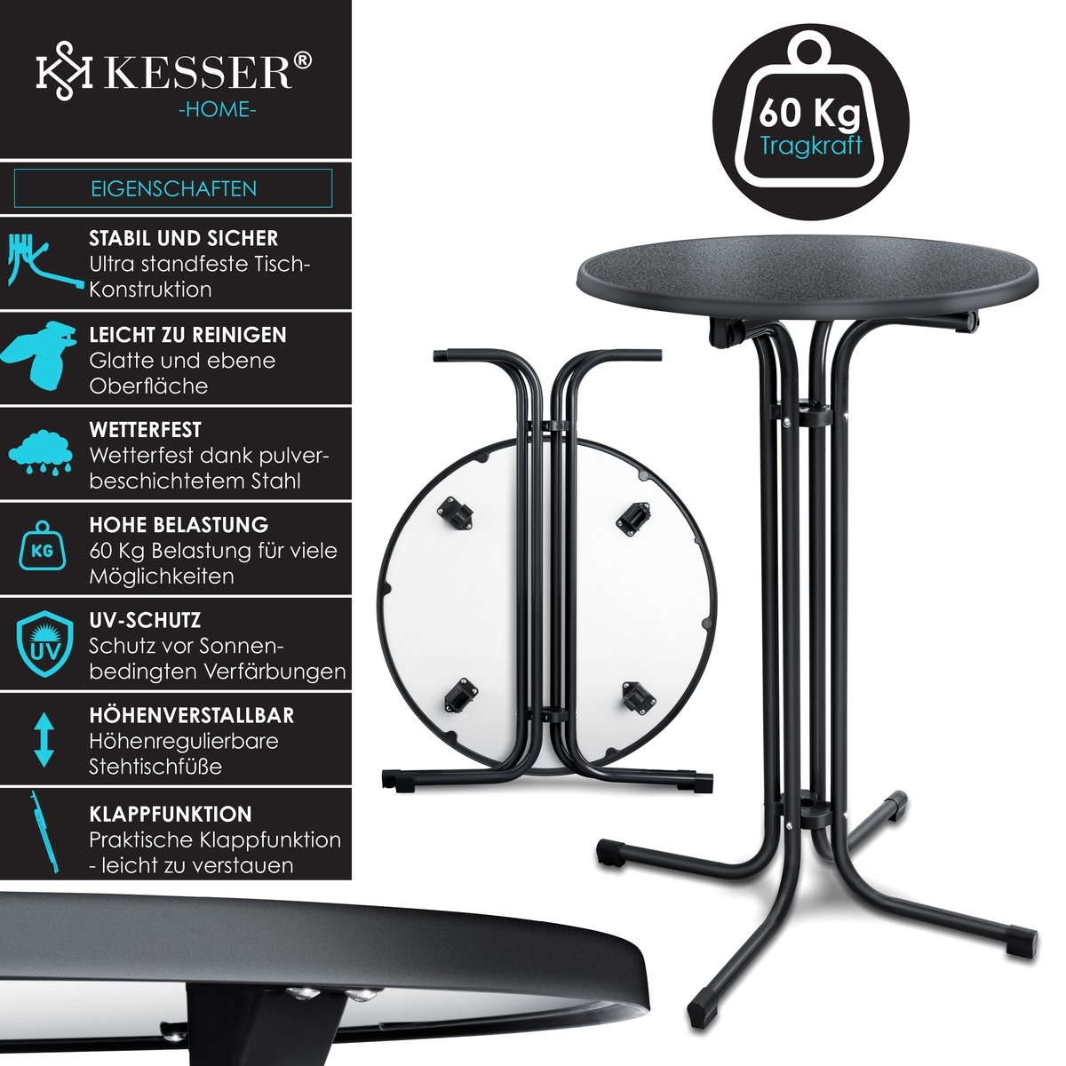 Statafel rond diameter 60 cm - weerbestendig - hittebestendig - zwart - Afbeelding 10