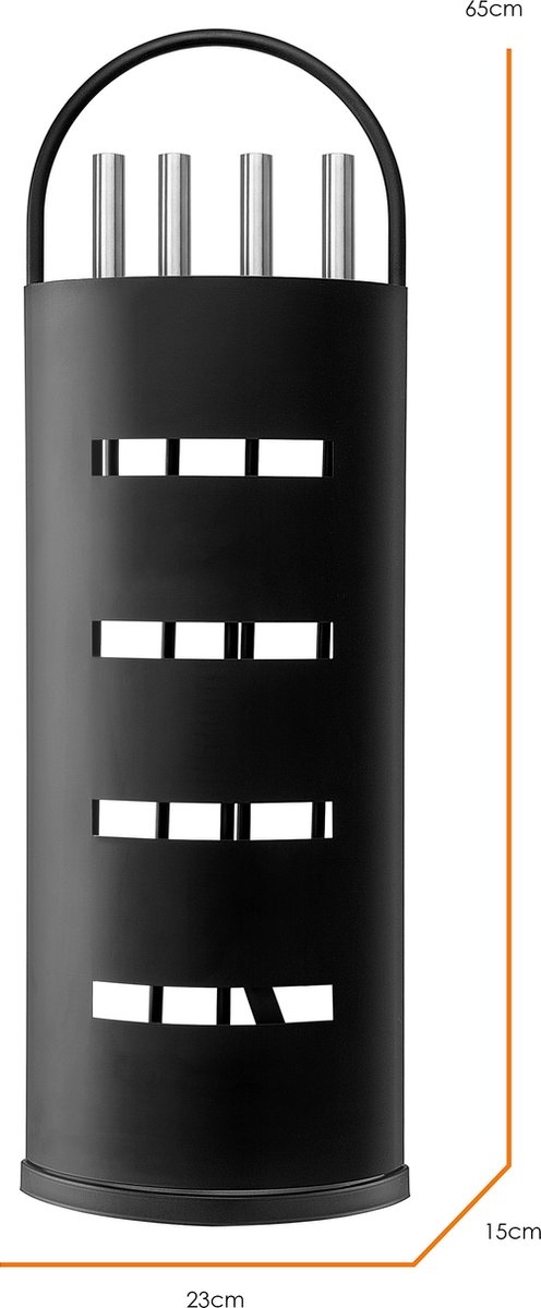 Haardset / vuurkorfset 5-delig -openhaard set staal met o.a. pook en tang - RVS houder - zwart - Afbeelding 3