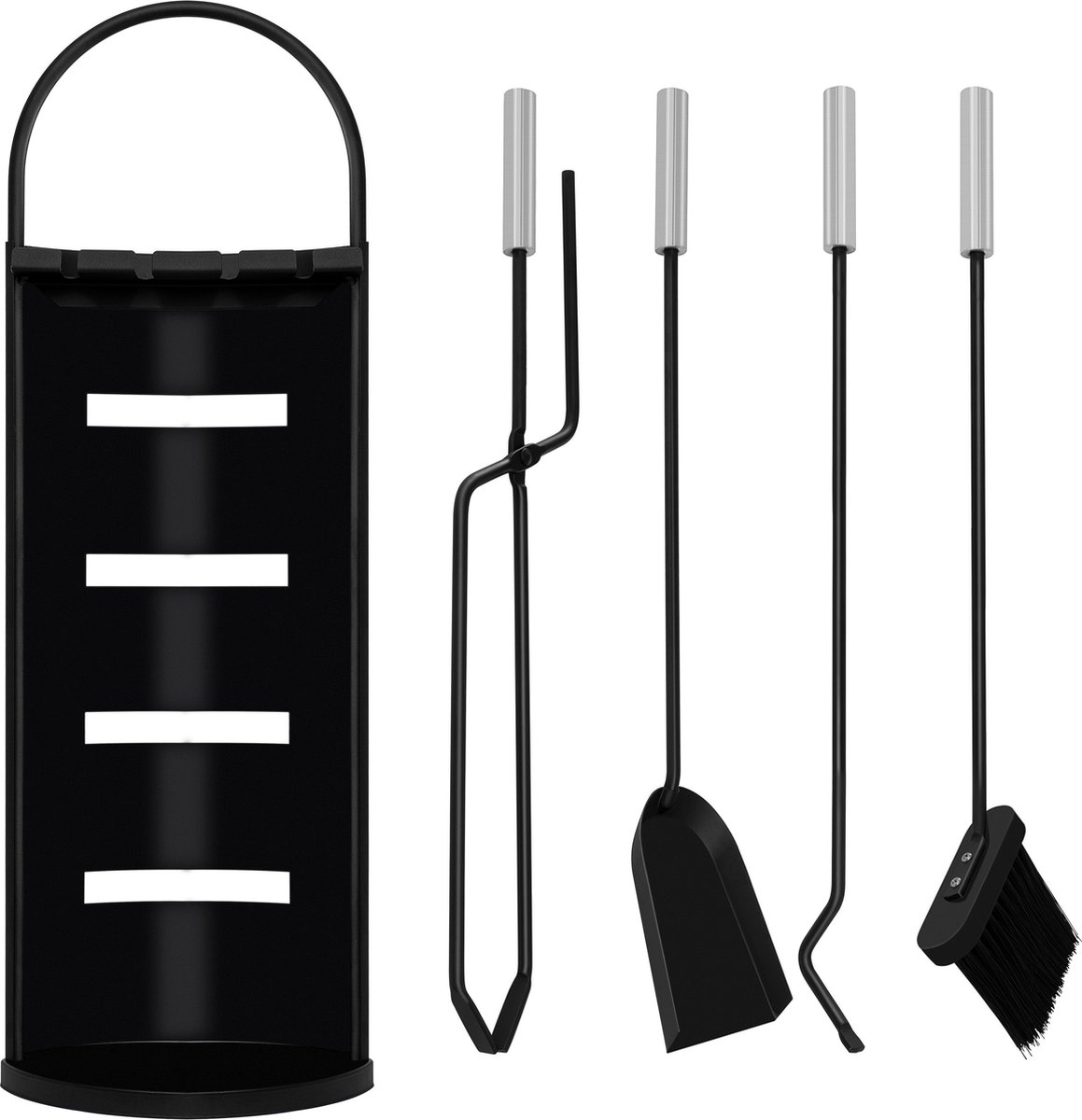 Haardset / vuurkorfset 5-delig -openhaard set staal met o.a. pook en tang - RVS houder - zwart - Afbeelding 4