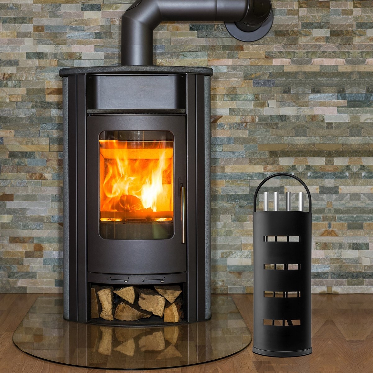 Haardset / vuurkorfset 5-delig -openhaard set staal met o.a. pook en tang - RVS houder - zwart - Afbeelding 7