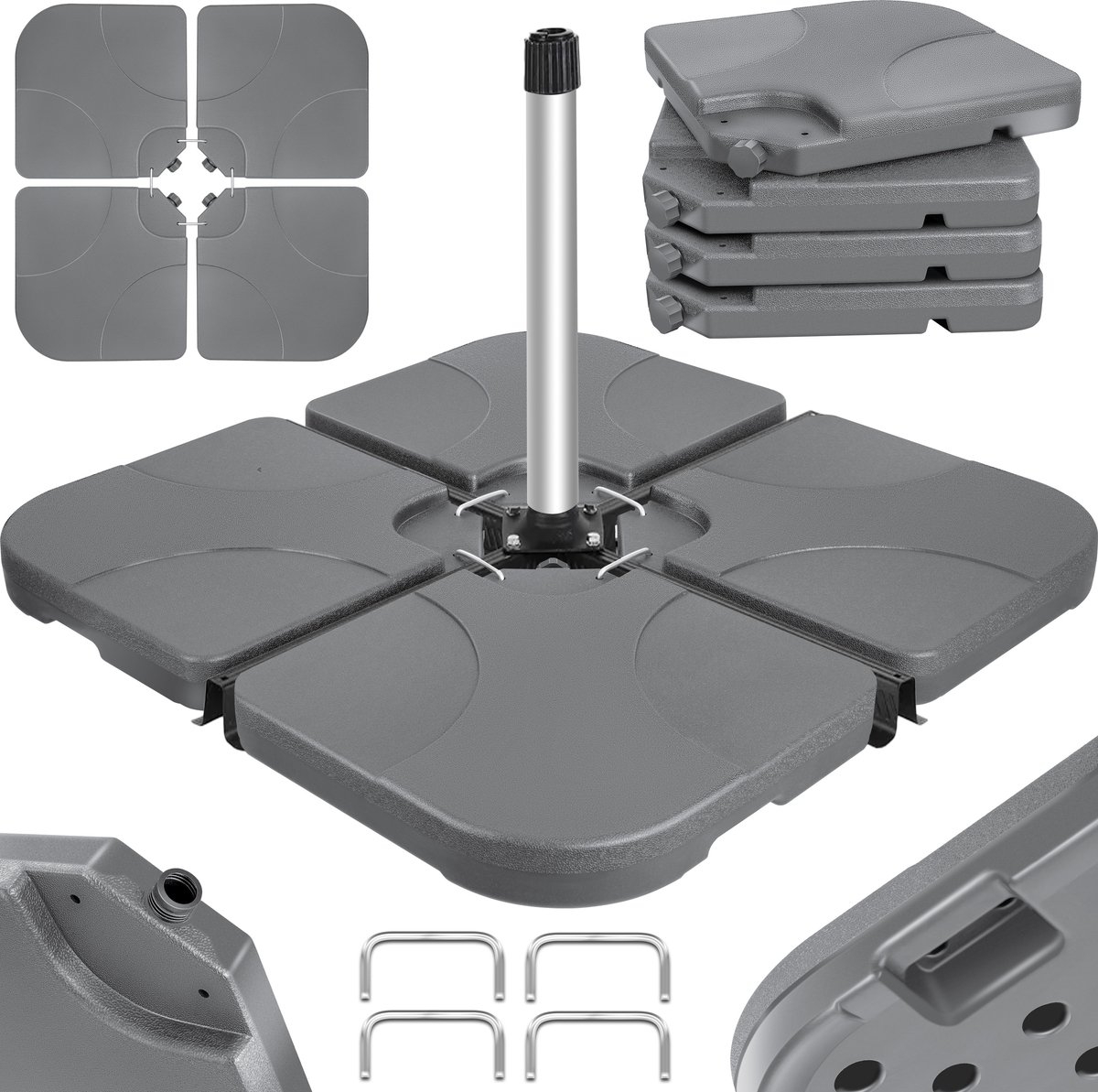 Parasoltegel - parasolvoet vulbaar tot 60 liter / 80 kg met water of zand - 4 tegels - grijs