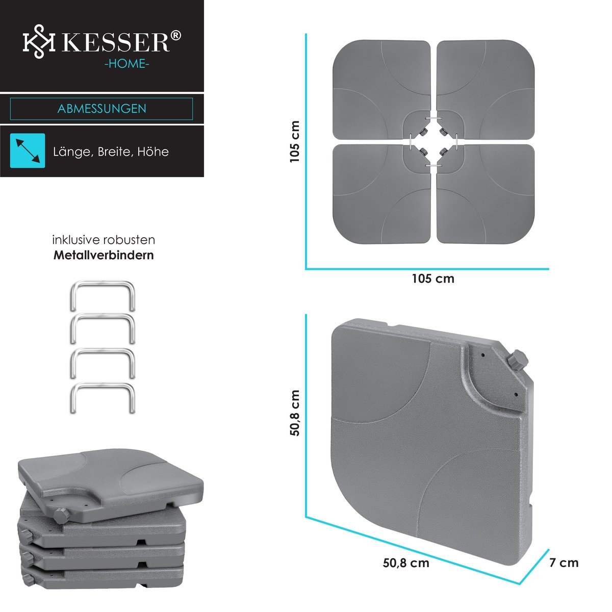 Parasoltegel - parasolvoet vulbaar tot 60 liter / 80 kg met water of zand - 4 tegels - grijs - Afbeelding 2