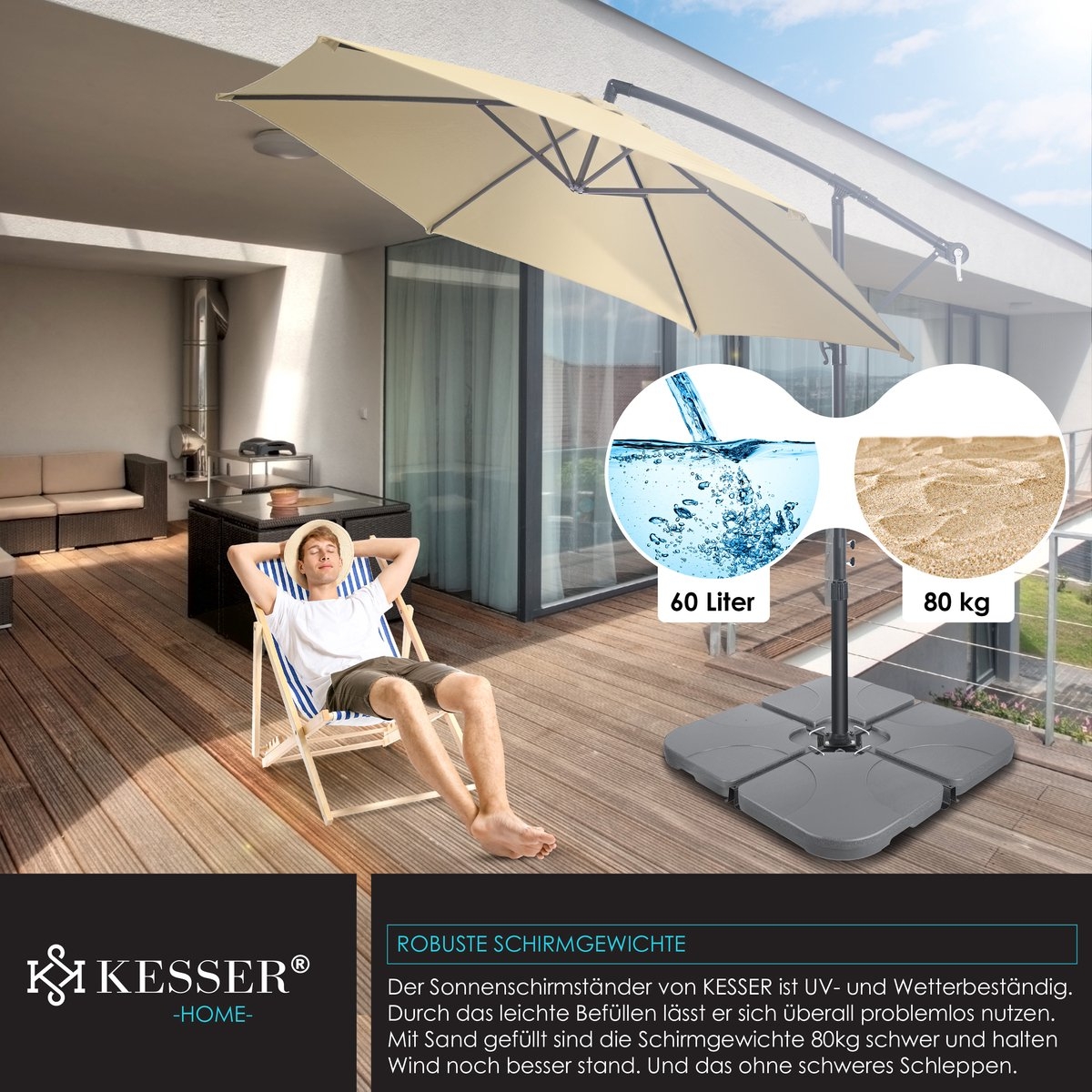 Parasoltegel - parasolvoet vulbaar tot 60 liter / 80 kg met water of zand - 4 tegels - grijs - Afbeelding 3