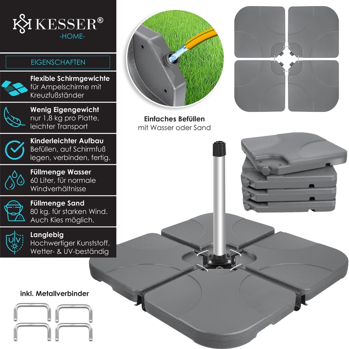 Parasoltegel - parasolvoet vulbaar tot 60 liter / 80 kg met water of zand - 4 tegels - grijs - Afbeelding 4
