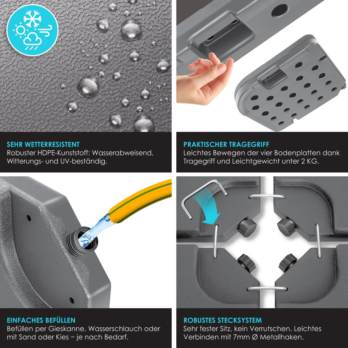 Parasoltegel - parasolvoet vulbaar tot 60 liter / 80 kg met water of zand - 4 tegels - grijs - Afbeelding 6