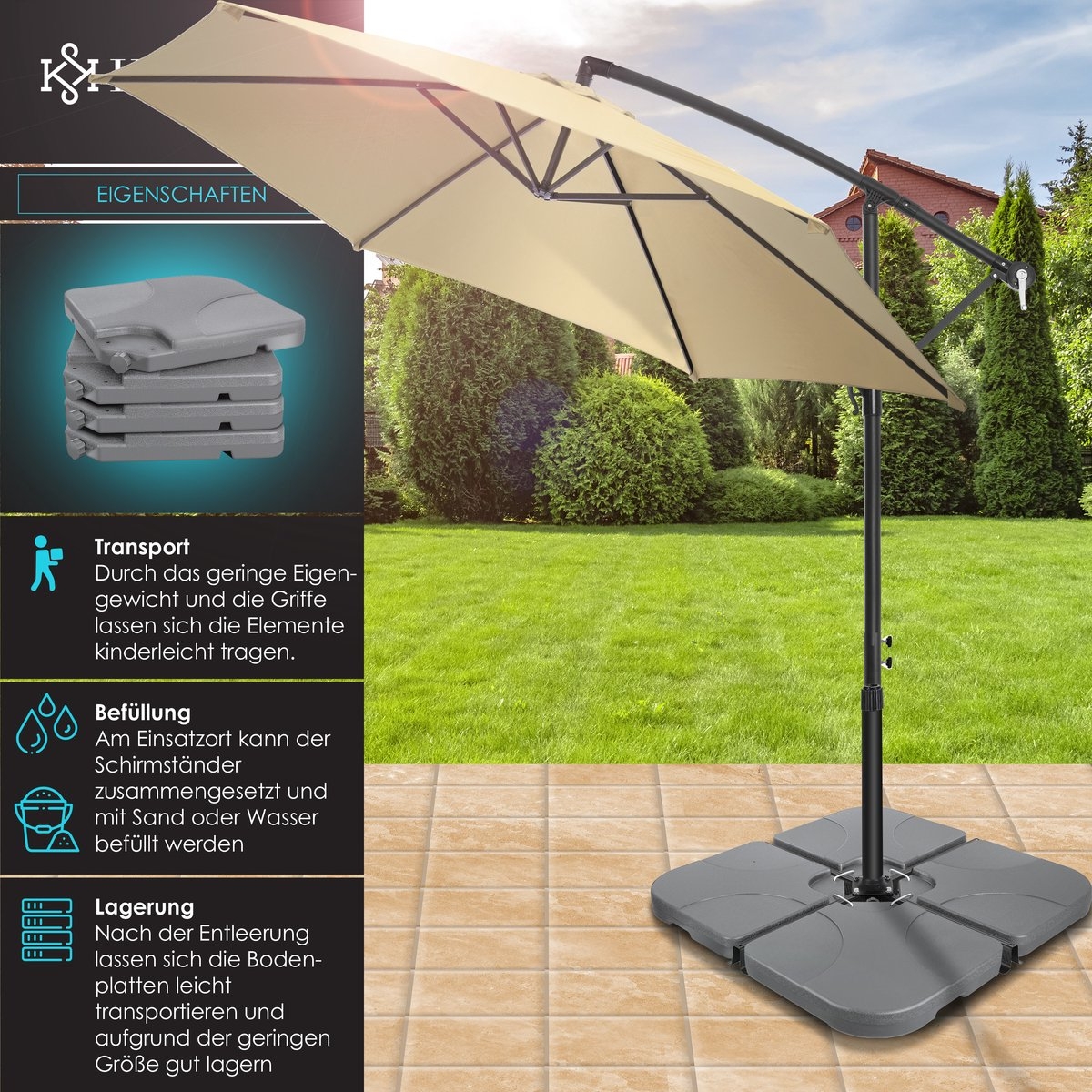 Parasoltegel - parasolvoet vulbaar tot 60 liter / 80 kg met water of zand - 4 tegels - grijs - Afbeelding 7
