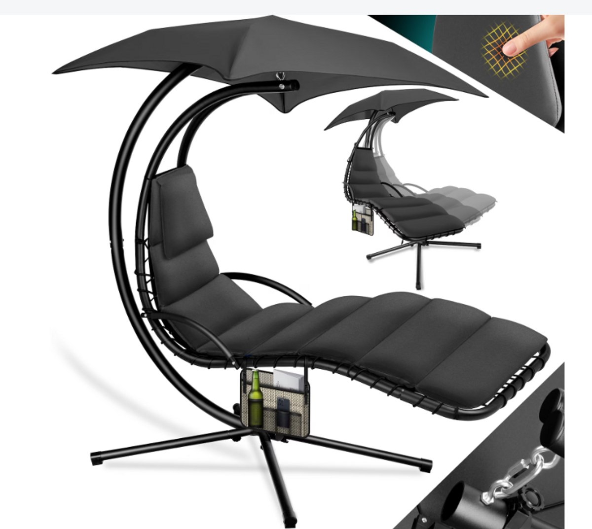 Zwevende ligstoel met parasol - hang ligbed / hangmat - lengte 194 - max 120 kg - donkergrijs / antraciet - met kussen