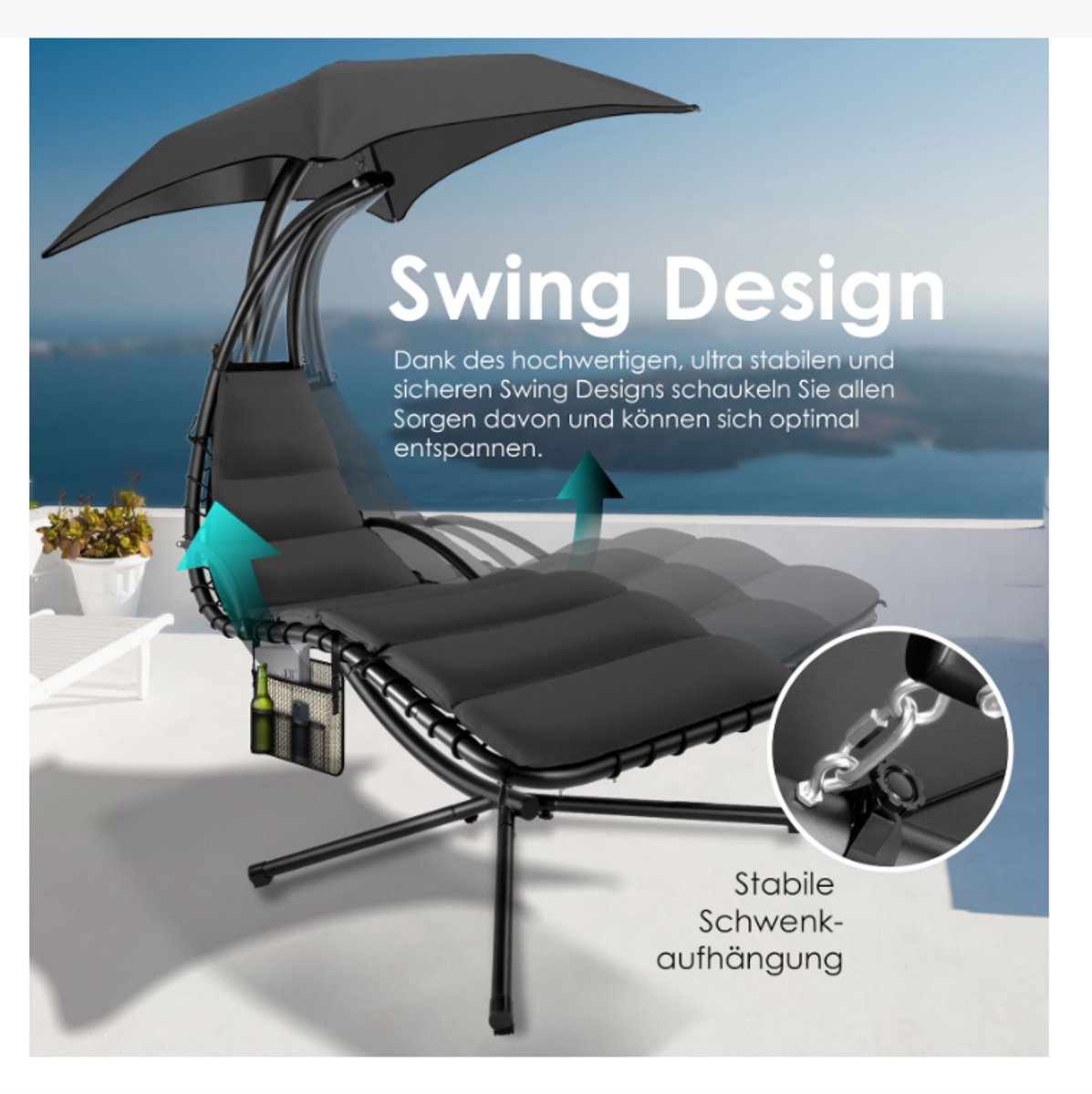 Zwevende ligstoel met parasol - hang ligbed / hangmat - lengte 194 - max 120 kg - donkergrijs / antraciet - met kussen - Afbeelding 2