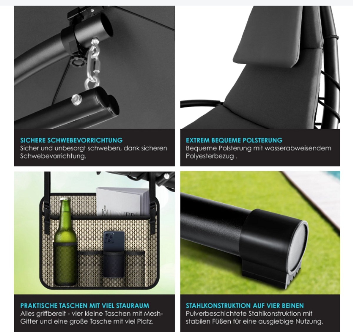 Zwevende ligstoel met parasol - hang ligbed / hangmat - lengte 194 - max 120 kg - donkergrijs / antraciet - met kussen - Afbeelding 3